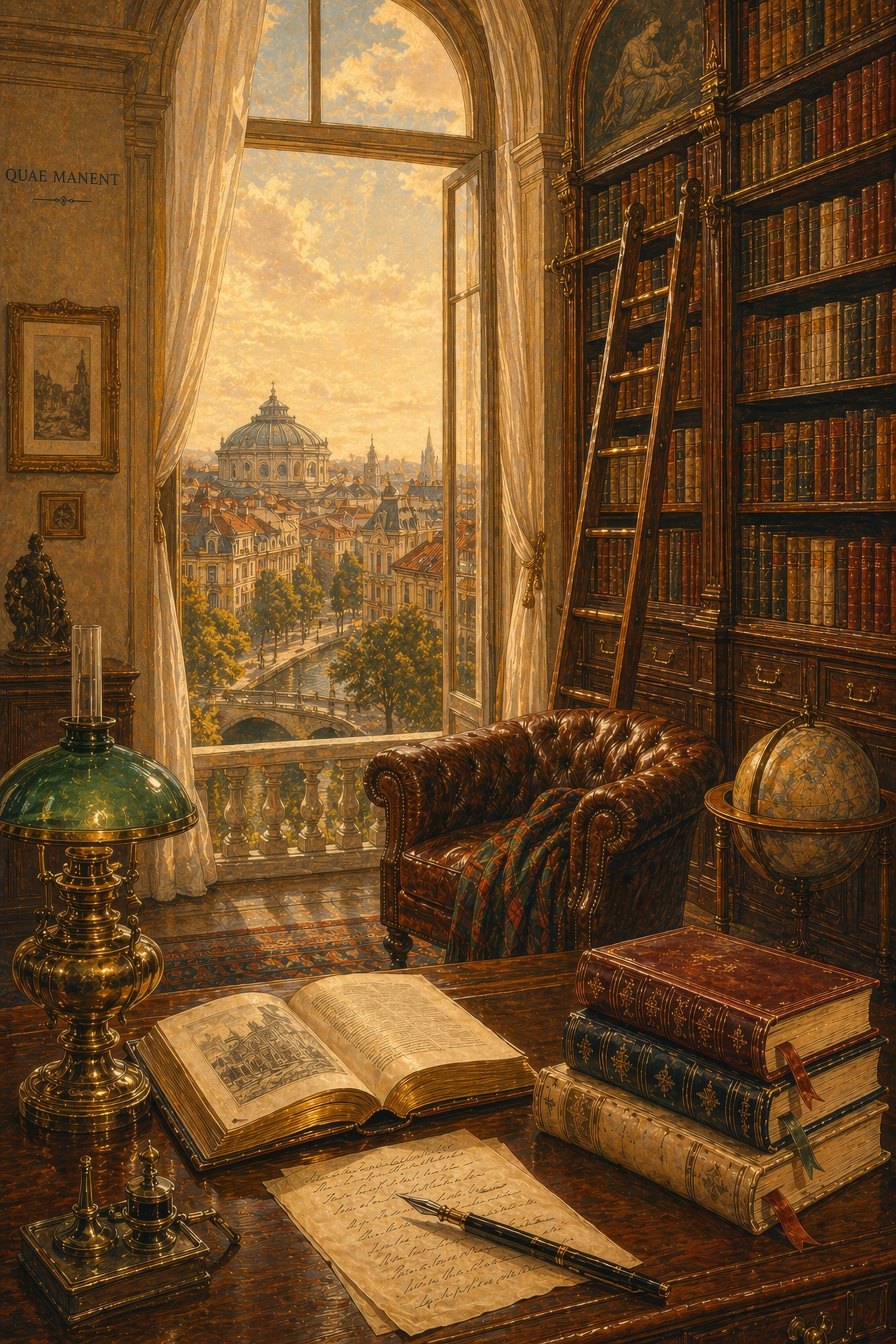 A Belle Époque scholar's study with an open book and handwritten letter in the foreground, tall bookshelves, and a window looking out over the historic center of fin-de-siècle Bucharest. Marked with the Latin inscription Quae Manent — things that remain.