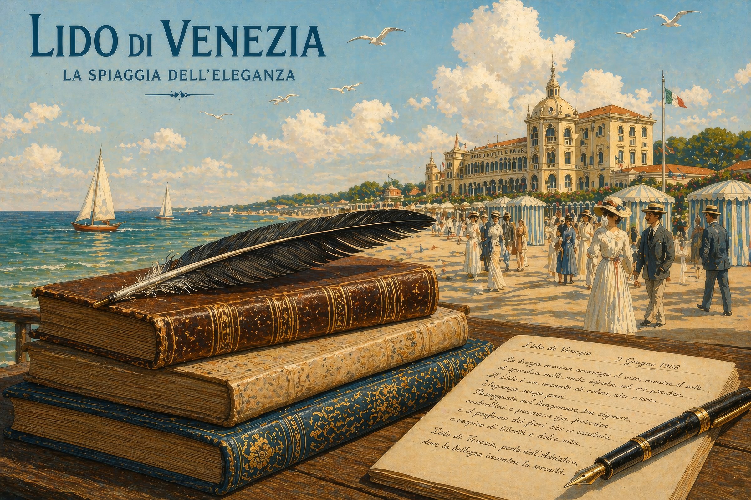 A Belle Époque illustration of the Lido di Venezia — the beach of elegance, with bathing pavilions, the Grand Hôtel in the distance, and a stack of leather-bound books and a quill in the foreground.