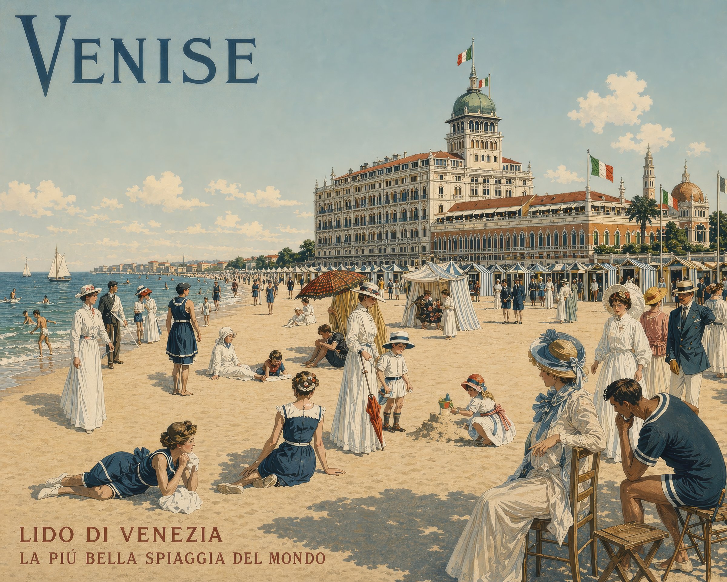 A Belle Époque illustration of the Venice Lido — Venise, la plus belle plage du monde — bathers in white, parasols, the old Grand Hôtel on the shore.